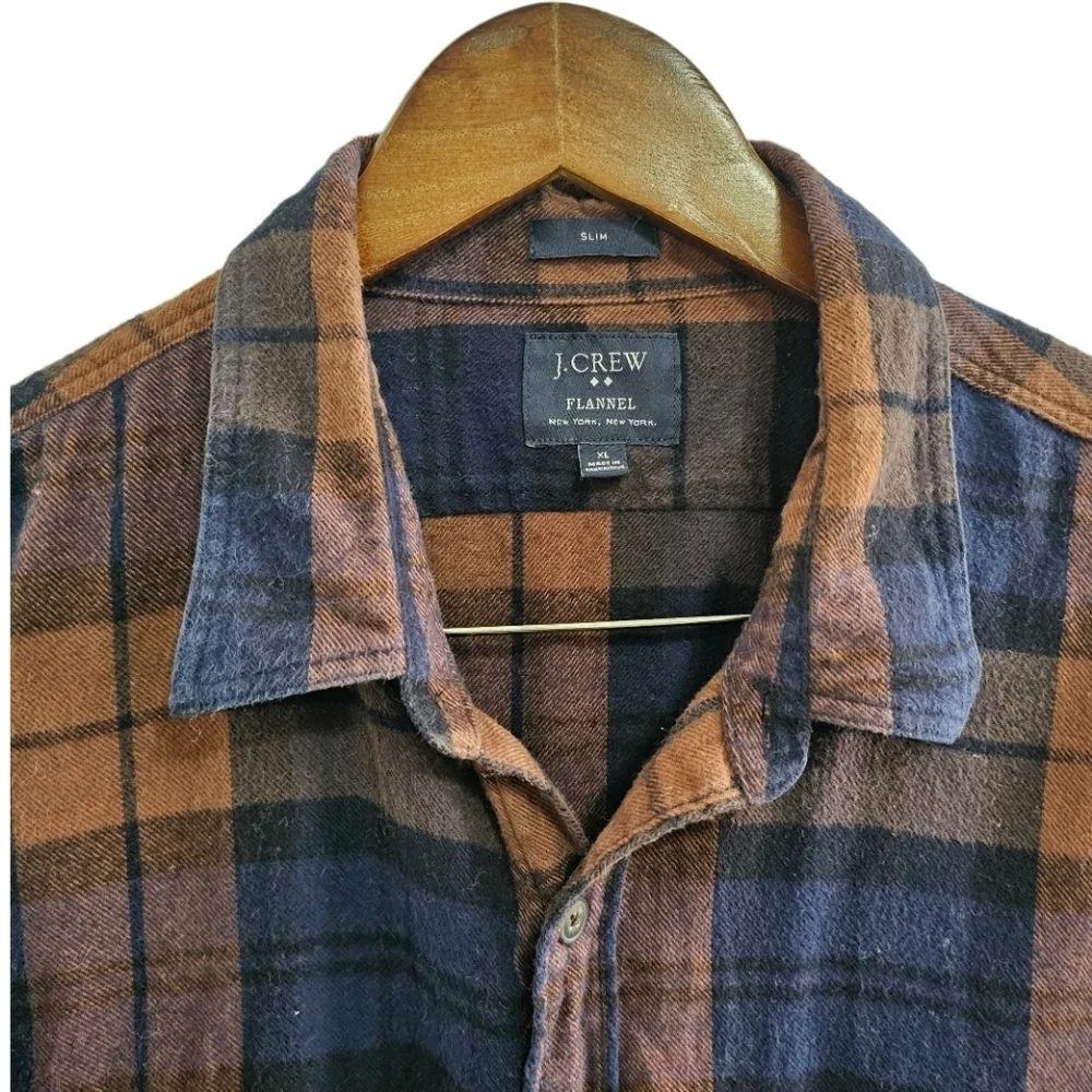 J.Crew flannel 90s grunge plaid slim orange blue long sleeve button shir…